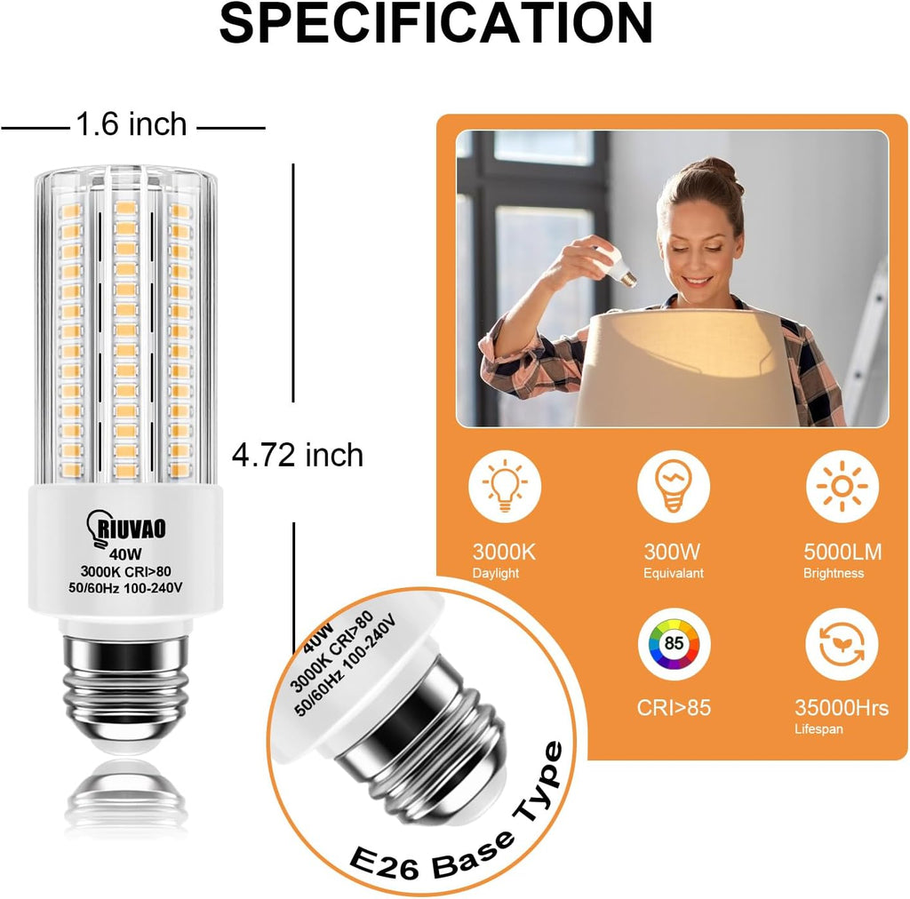 4pcs LED Light Bulb 5000LM 300w Equivalent Super Bright 3000K Warm Daylight White 40W LEDs Bulb E26/E27 Medium Base