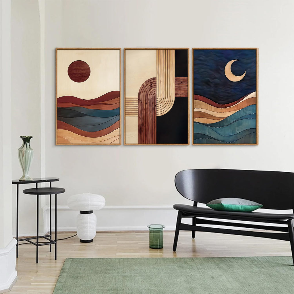 Boho Mid Century Modern Framed Canvas Wall Art, Bohemian Geometric Wall Decor, Abstract Sun and Moon Artwork, Beige