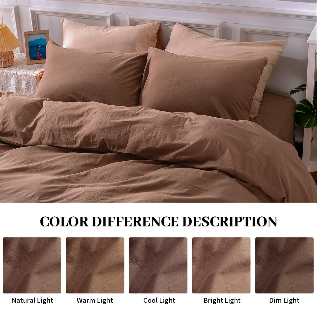 Duvet Cover Set Queen Size Linen Textured Organic Natural 100% Washed Cotton Duvet Cover Mocha Brown 3 Pieces Bedding