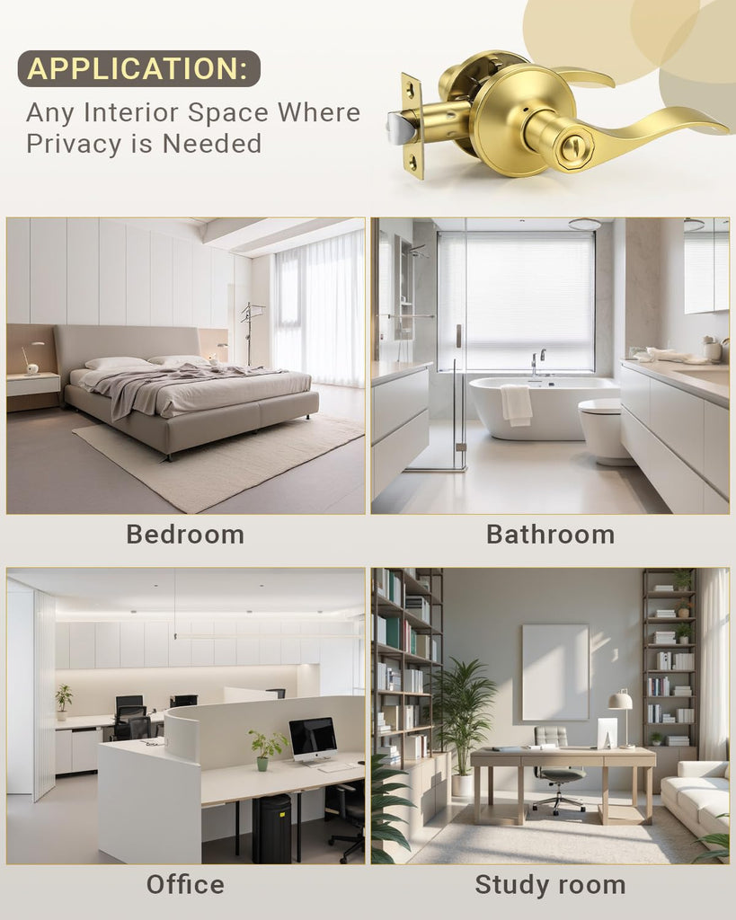 1 Pack Gold Door Handle Interior Privacy Doorknob Bedroom Door Handle with Lock, Reversible for Left and Right