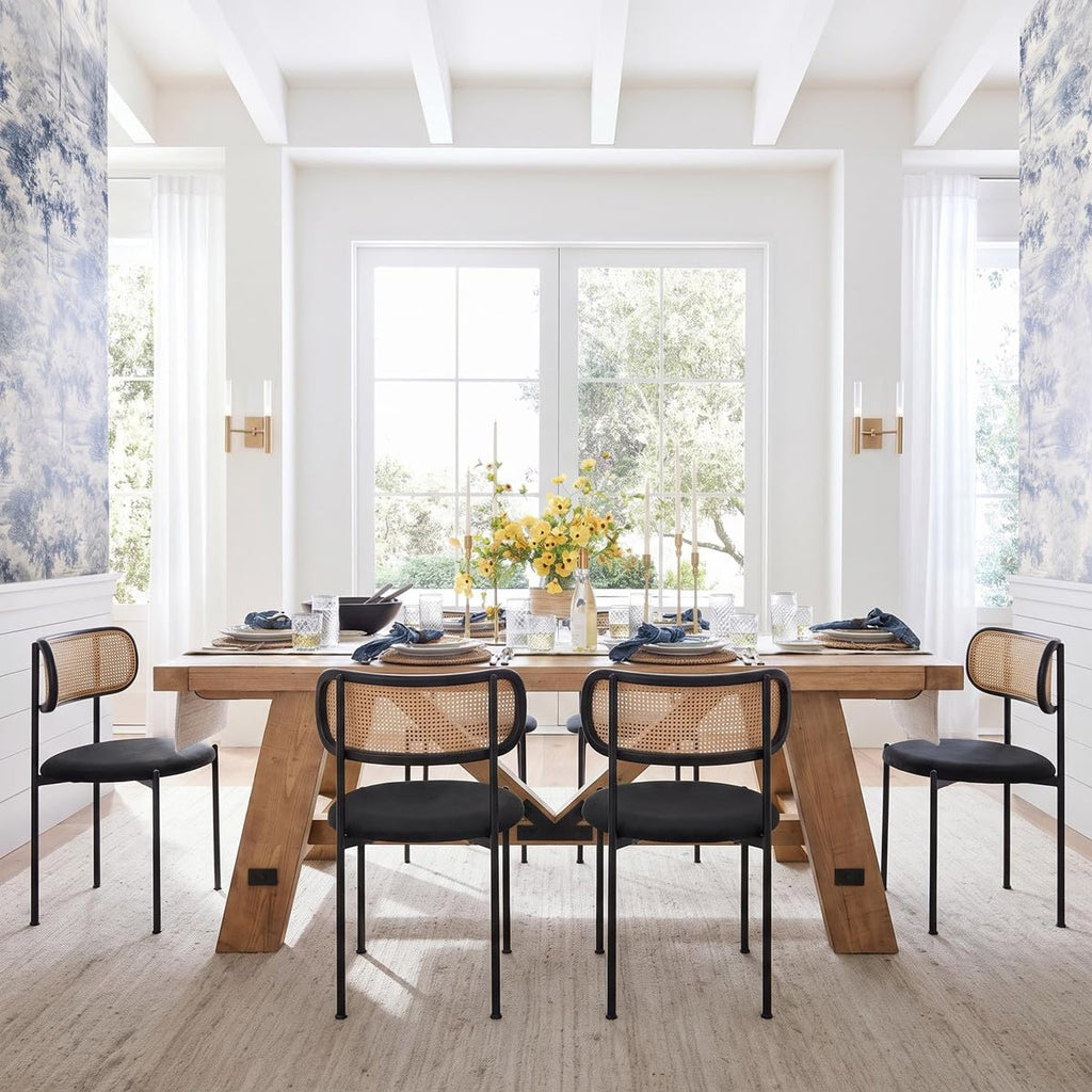 Rattan Dining Chairs Set of 2, Black Modern Kitchen Chairs with Cane Woven Round Back & Upholstered Cushion, Sturdy