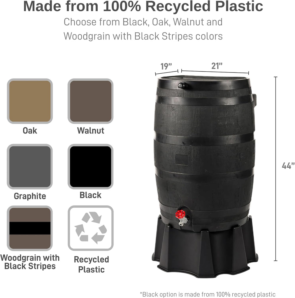 50-Gallon ECO Rain Barrel Made with 100% Recycled Plastic, Flat Back Rain Water Collection Barrel, Stand Included