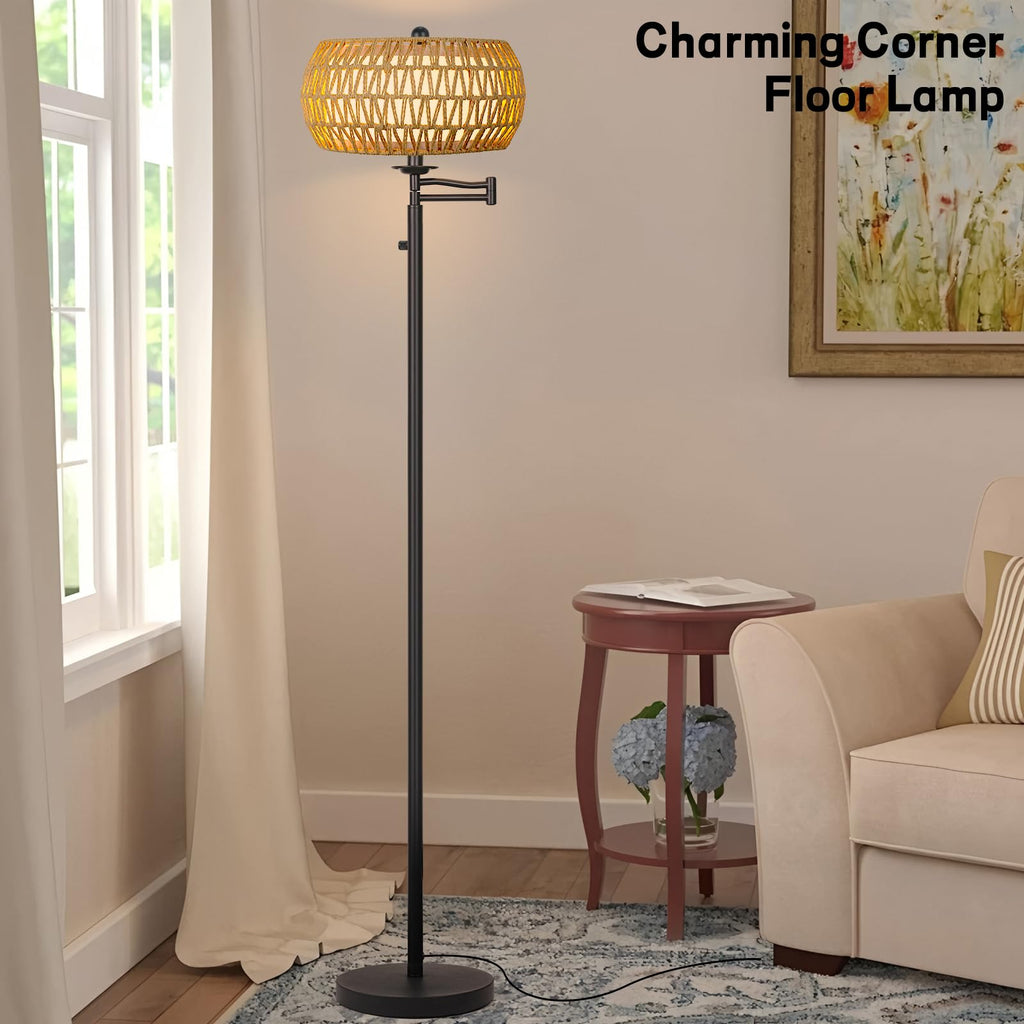 Dimmer Rattan Floor Lamp, Tall Boho Standing Lamp with Swing Arm, Hand Woven Lamp with 2 * 9W LED Bulb, Bright Tall Lamp