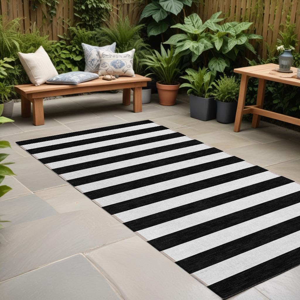 8' Runner Black and White Striped Washable Non Skid Indoor Outdoor Runner Rug