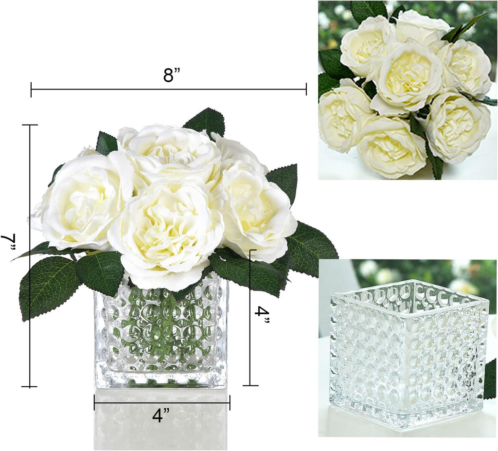 Artificial Peony Silk Flower Centerpieces Faux Floral Arrangement in Glass Vase Wedding Table Decoration (Cream)