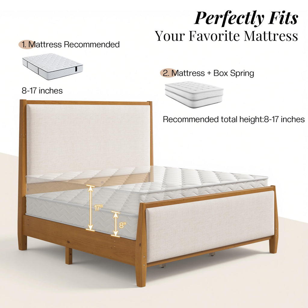 58" Tall Solid Wood California King Size Bed Frame with Upholstered Headboard & Footboard, Wooden Platform Bedframe