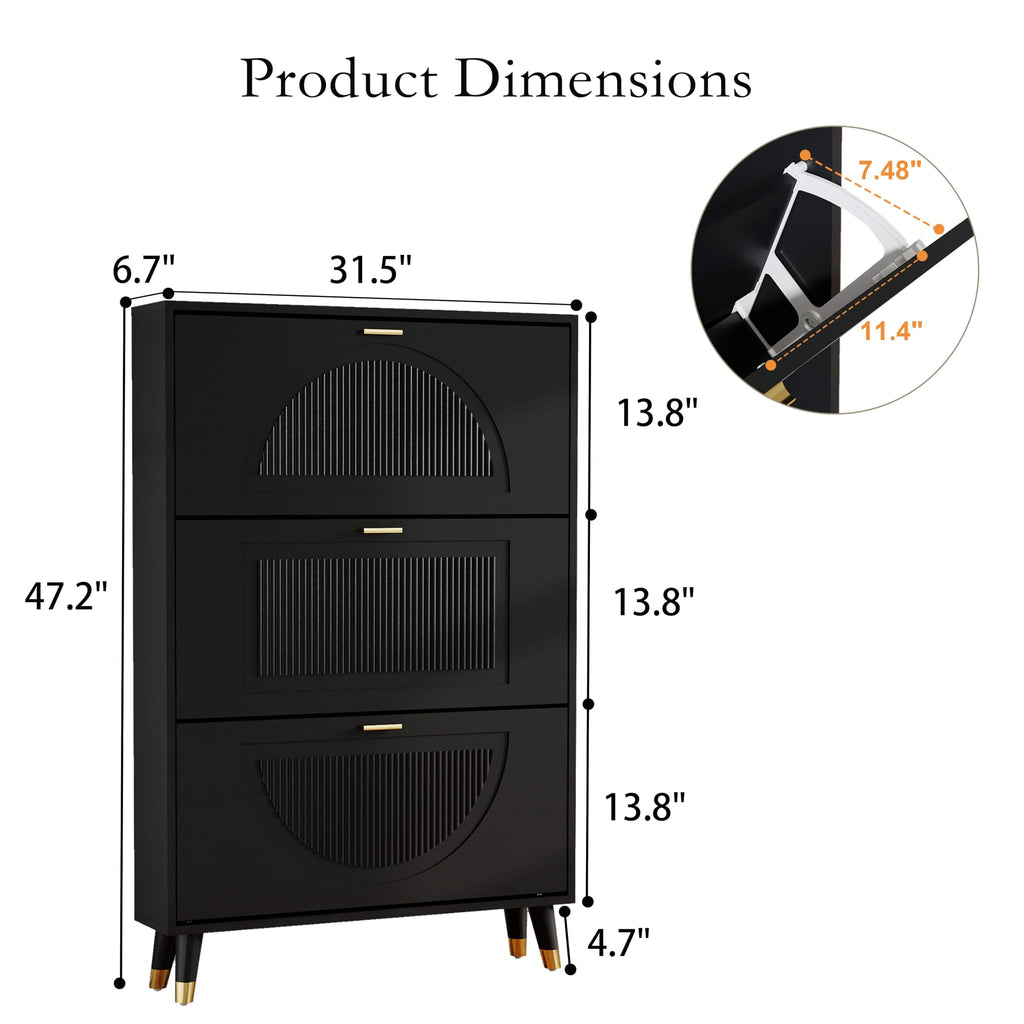 Black Narrow Shoe Cabinet Storage with 3 Flip Drawers