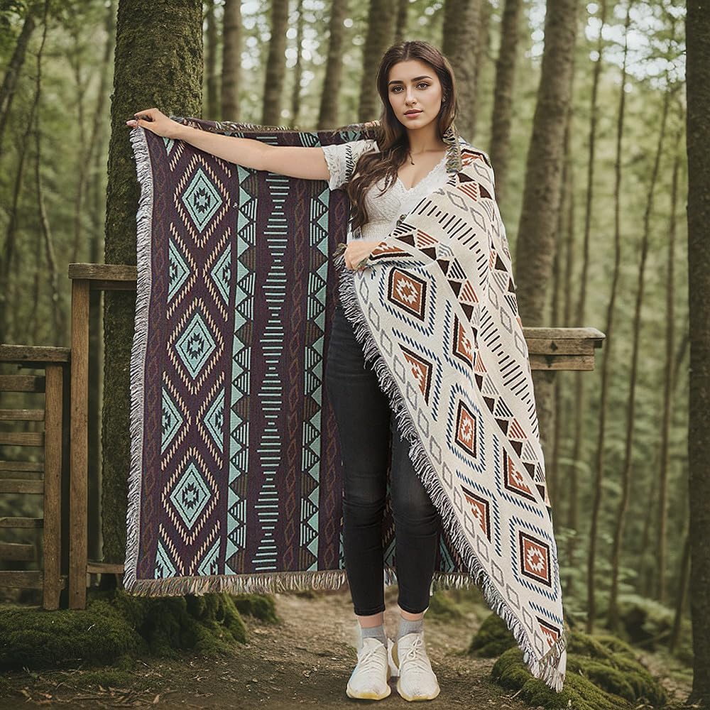 Aztec Native Throw Blankets Southwest Bed Blankets Cover 51"x63" | Navajo American Western Boho,Knit with