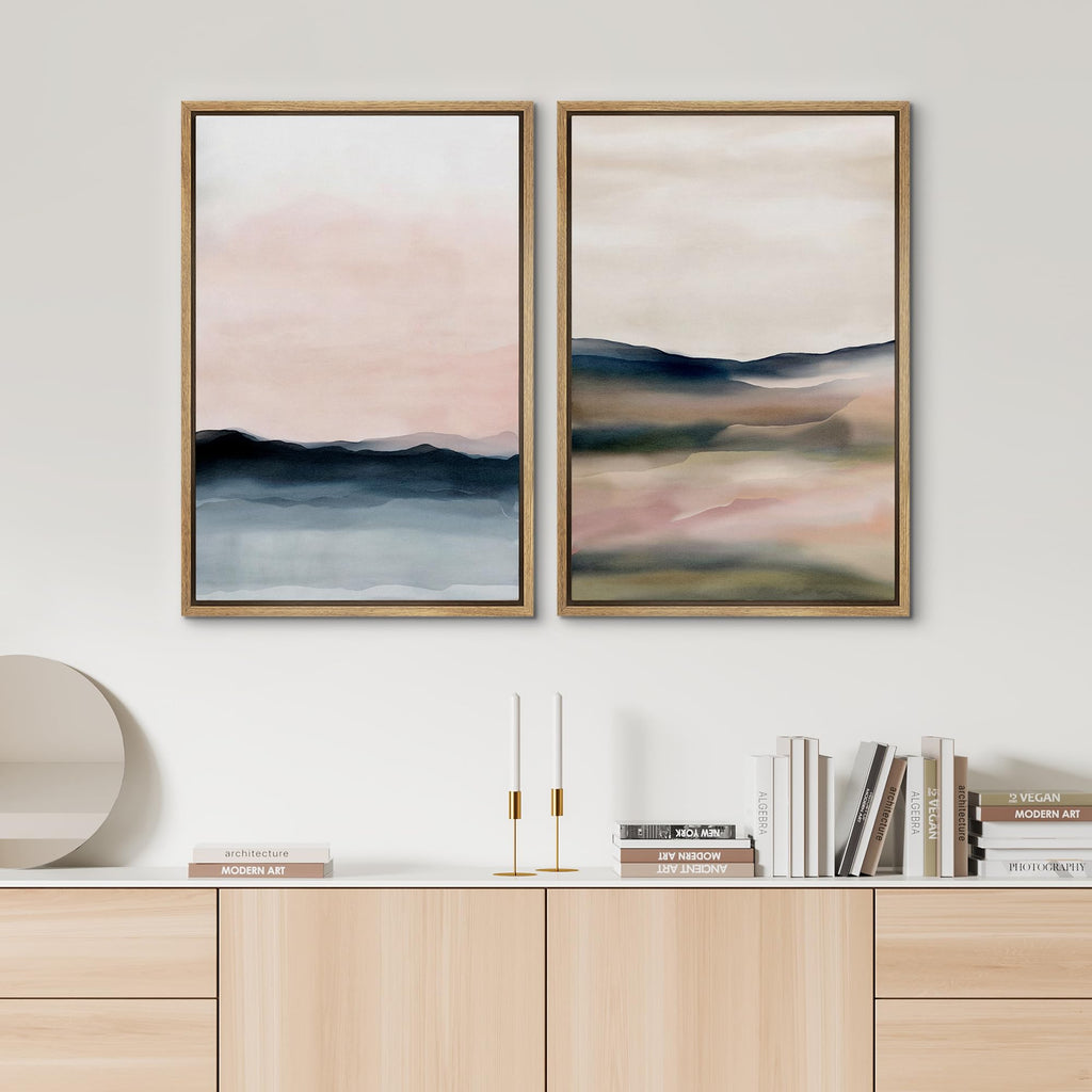 Framed Canvas Print Wall Art Set Pastel Watercolor Sunset Landscape Abstract Shapes Illustrations Minimal Decorative