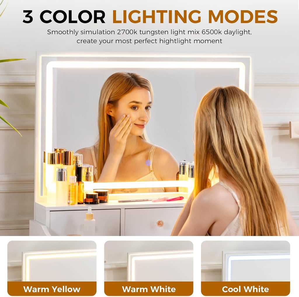 Vanity Desk with LED Lights Mirror & Power Outlet, Small Makeup Vanity Table Set with 5 Storage Drawers, 3 Lighting