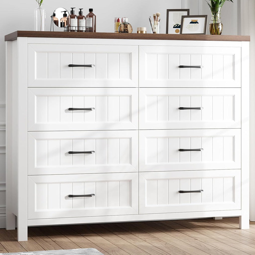 Farmhouse Dresser 8 Drawer Dresser , Large Wooden Dressers Double Grey Dresser with Deep Drawers Dressers (White and