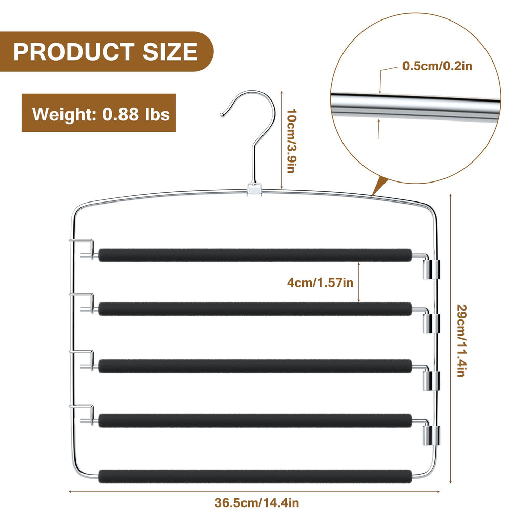 Pants Hangers, 6 Pack Anti-Slip Space Saving Hangers, 5 Layer Swing Arm Pants Hanger Stainless Steel with Non-Slip