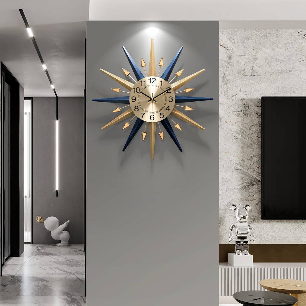 Starburst Large Wall Clock, Mid Century Decorative Wall Clock Modern Silent Clock Battery Operated