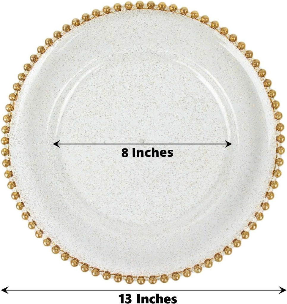13" Charger Plates - Clear Gold Round Acrylic Disposable Chargers with Beaded Rim - Set of 12