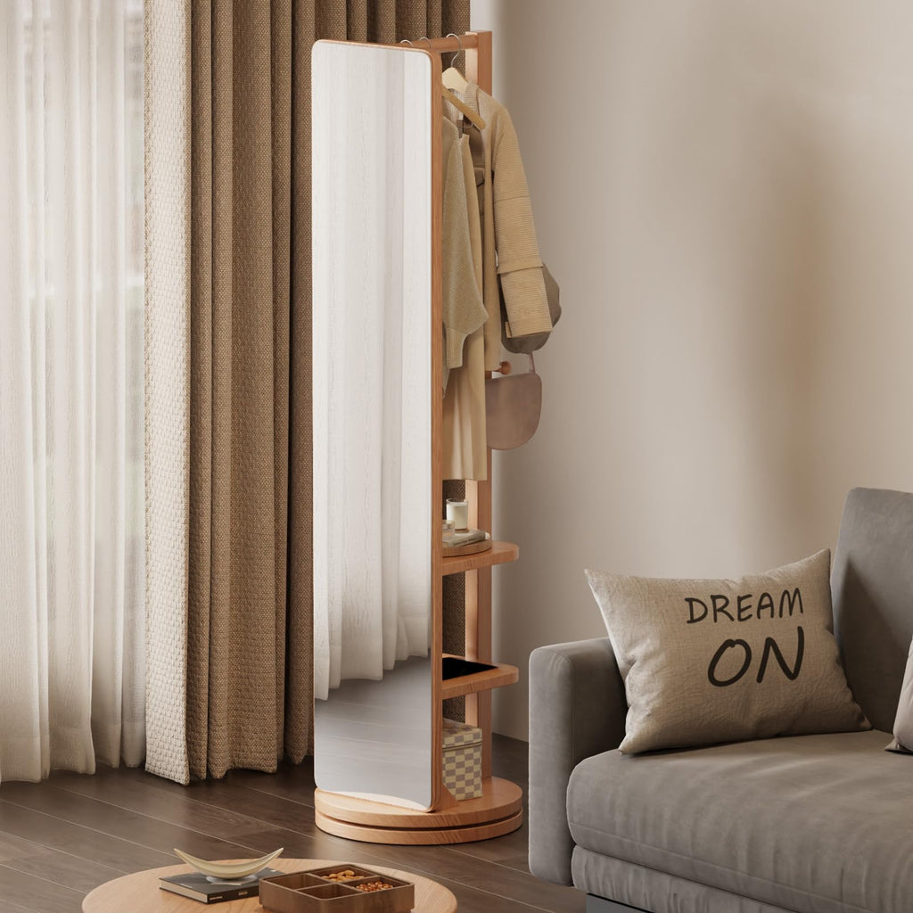 Full Length Mirror Coat Rack Solid Wood Floor Mirror 66"x12" Full Length Mirror with Stand Long Mirrors (Natural, 66"