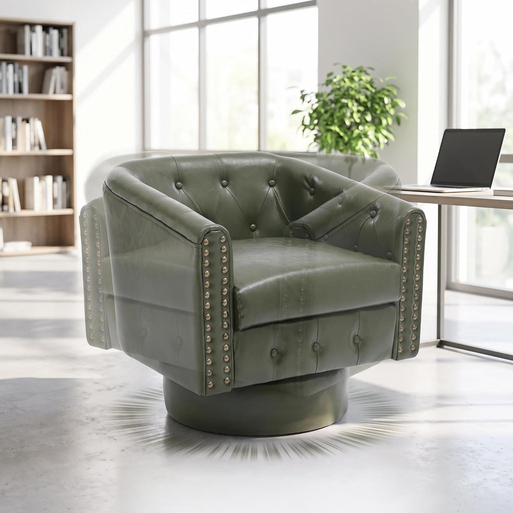 Swivel Barrel Accent Chair, 360° Leather Armchair with Rivets