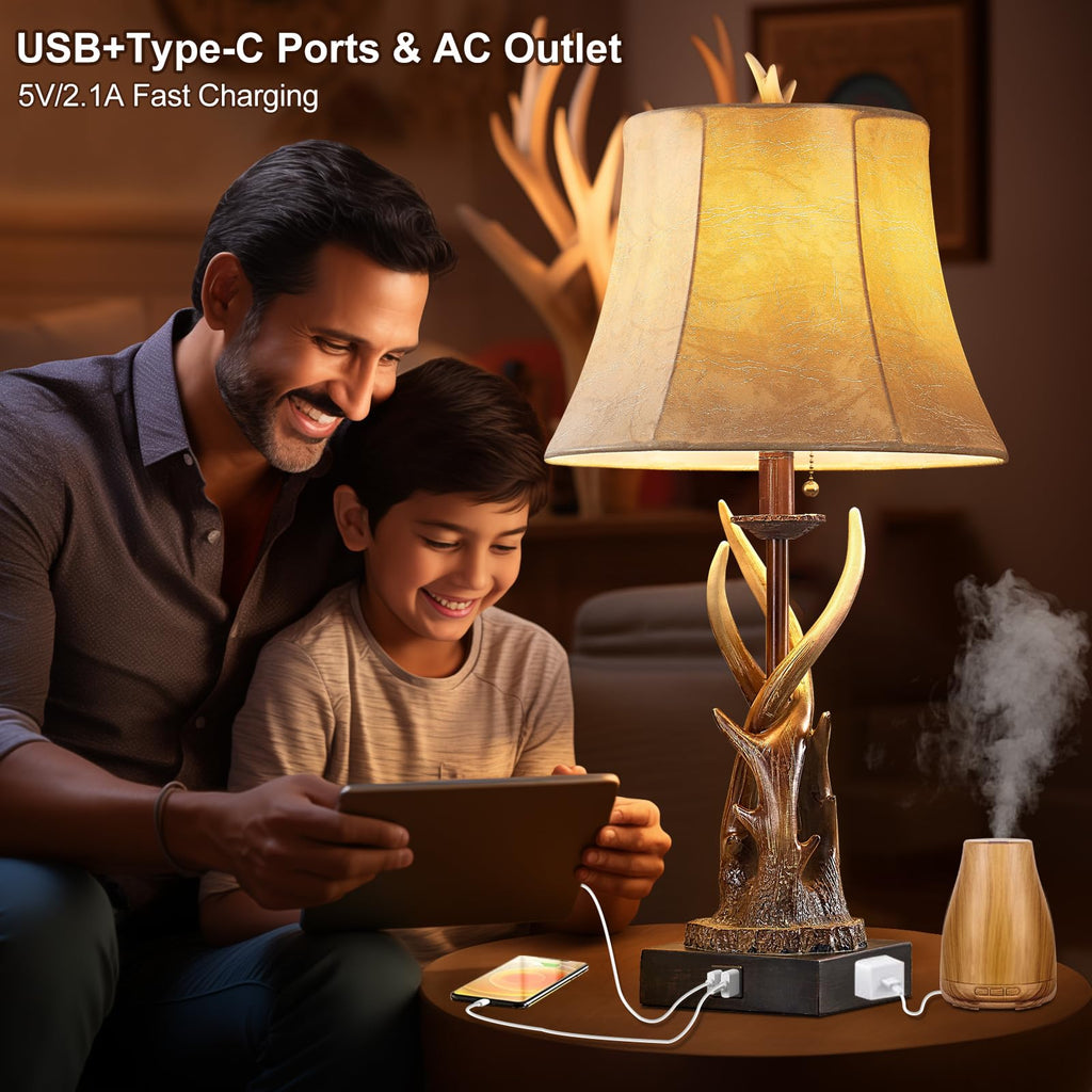 Antler Table Lamps Set of 2 with USB A+C Ports Farmhouse Deer Rustic Bedside Lamps with Faux Leather Bell Shade End