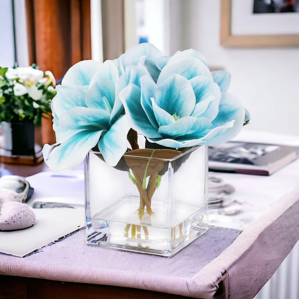 Floral Artificial Real Touch Magnolia Faux Flowers Arrangement in Cube Glass Vase with Faux Water Wedding (Blue)