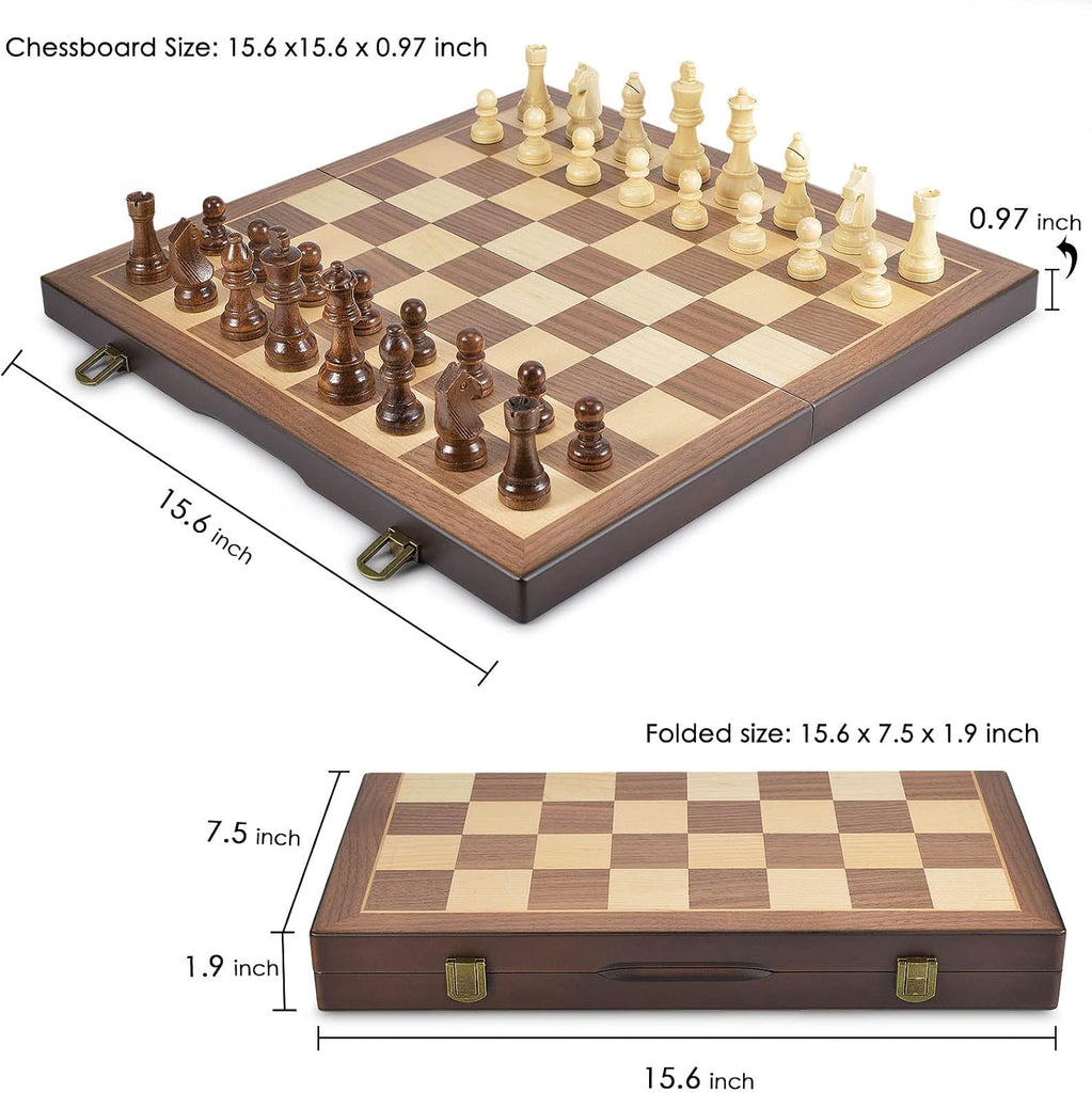 Magnetic Wooden Chess and Checkers Game Set, 15 Inches (2 in 1) Chess Board Games, 2 Extra Queens - Gift Package