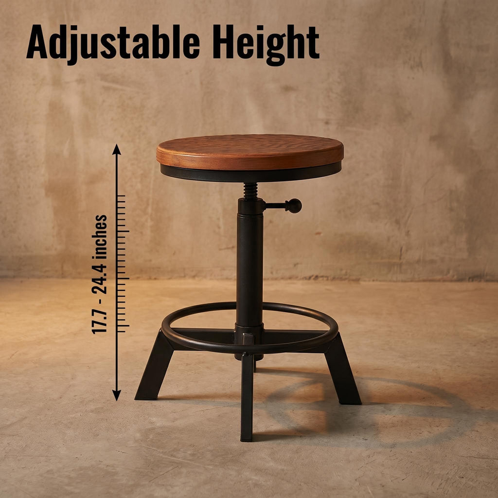 Set of 2-Industrial Bar Stool-Counter Height Chairs- Swivel Wooden Seat- Adjustable 17.7-24inch