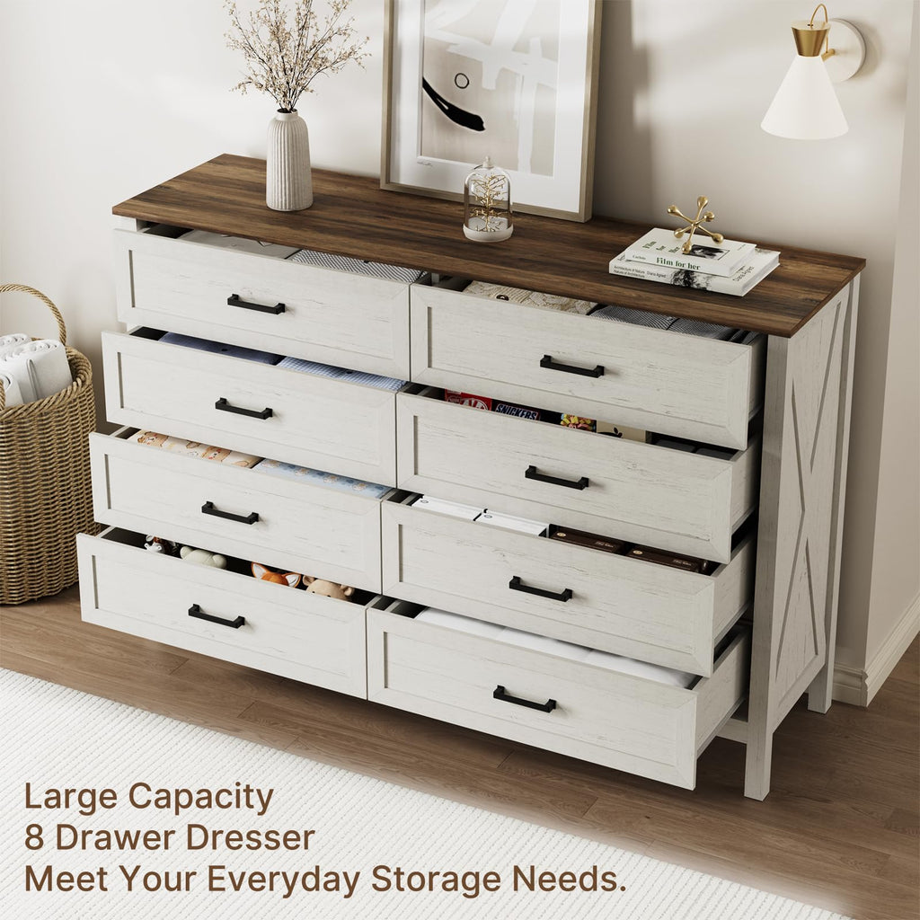 Farmhouse 8 Drawer, 55 Inch Wide Wood Rustic Chest of Drawers with X-Marking & Bar Handle, Large Storage Dressers