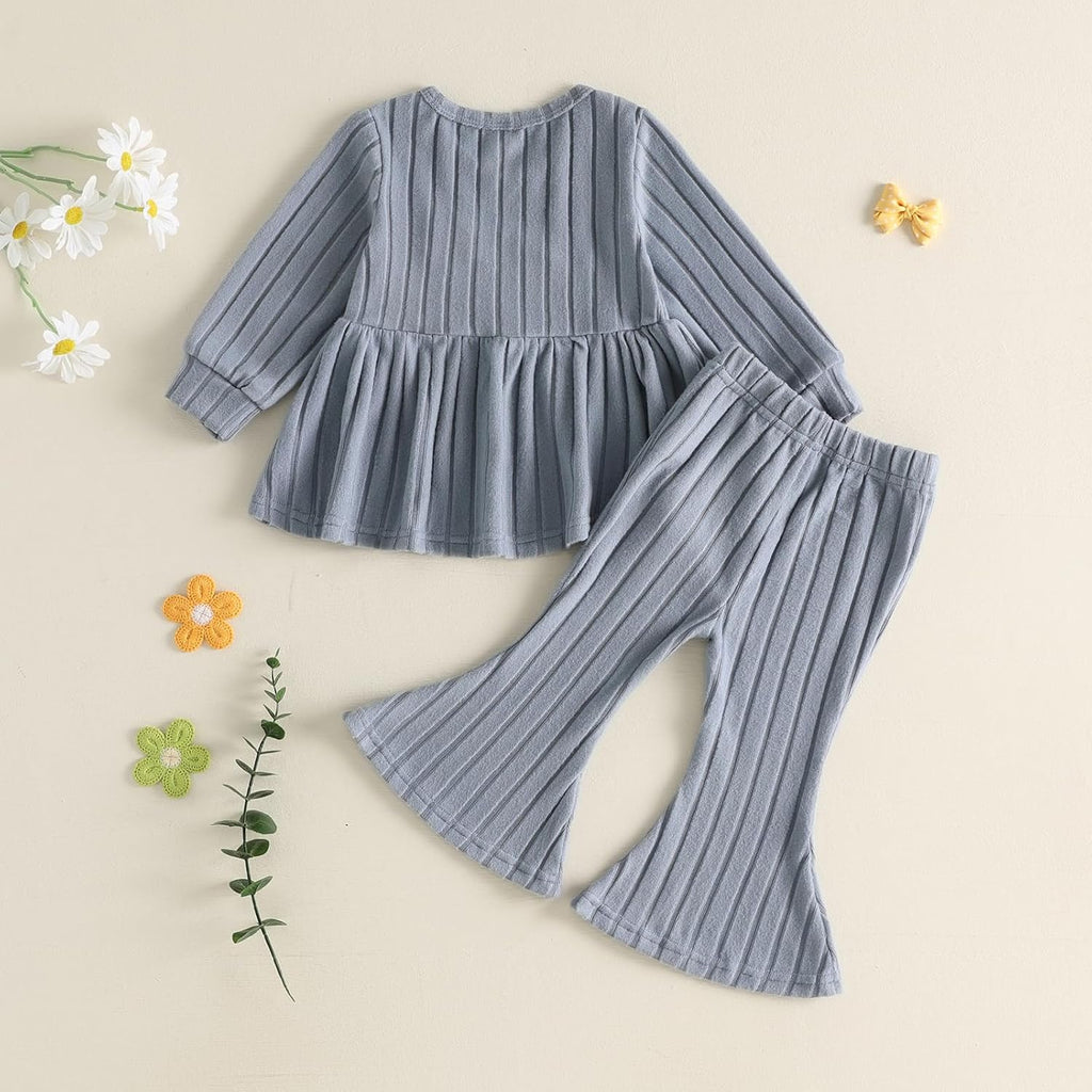 Toddler Baby Girl Clothes Flower Plush Long Sleeve Shirt Flare Pants Set