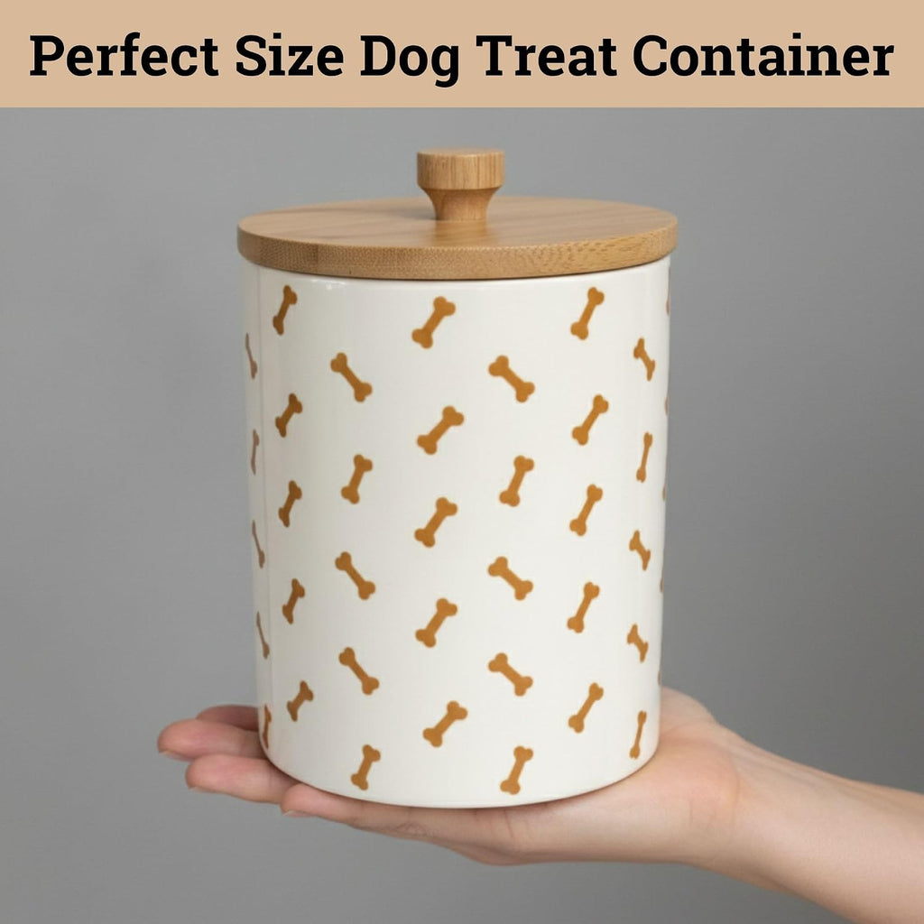Ceramic Dog Treat Container Airtight with Bamboo Lid, 5"W x 6.4"H, 4 Cups