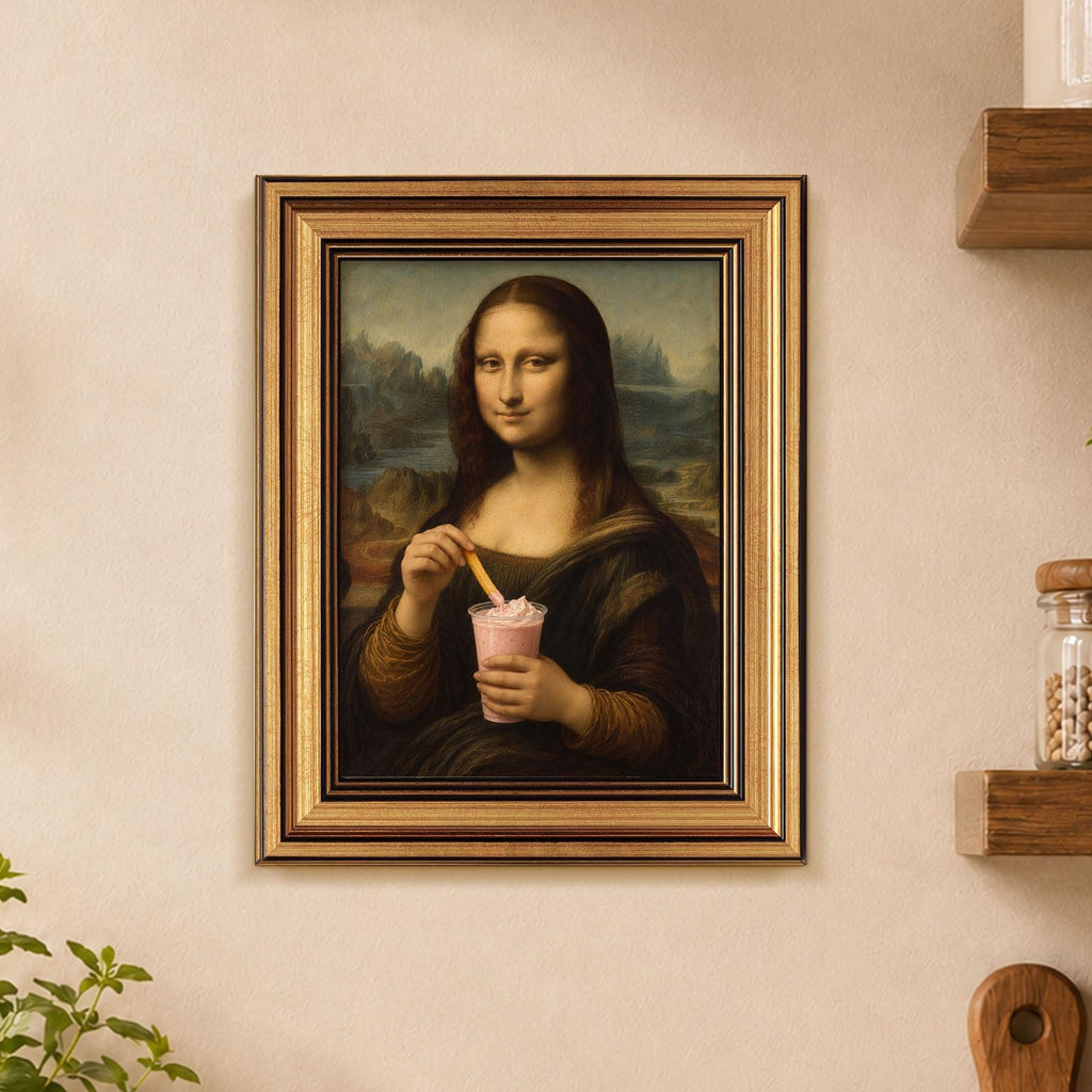 Funny Mona Lisa Wall Art with Pink Milkshake Vintage Gold Frame