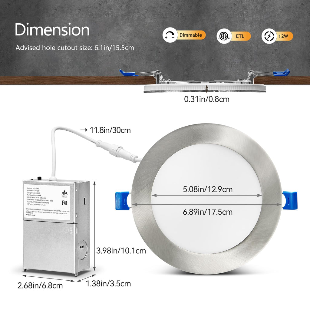 Brushed Nickel Recessed Lighting 6 Inch with Night Light, 12 Pack