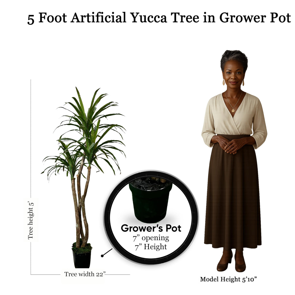 Handmade 5ft Artificial Yucca Plant | Tree with Real Wood Trunks, Hypoallergenic, 5 Foot, Green