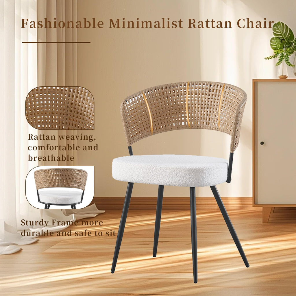 Rattan Dining Chairs Set of 4, Farmhouse Upholstered Teddy Cushion with PE Cane Round Back Kitchen Chair, Mid Century