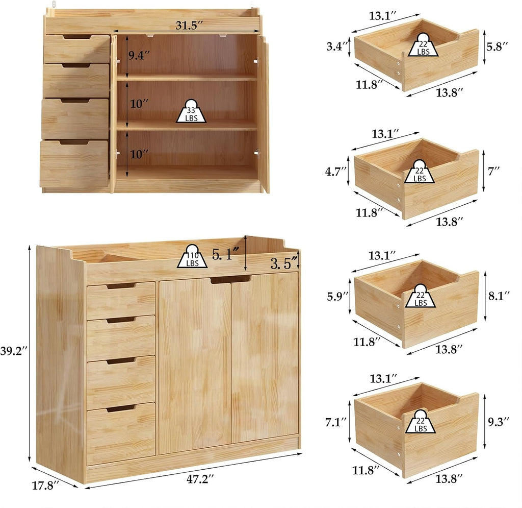 Nursery Dresser with Changing Table Top, 47.2" W Baby Dresser with 4 Drawers & Raised Guard, Solid Wood Infant Diaper