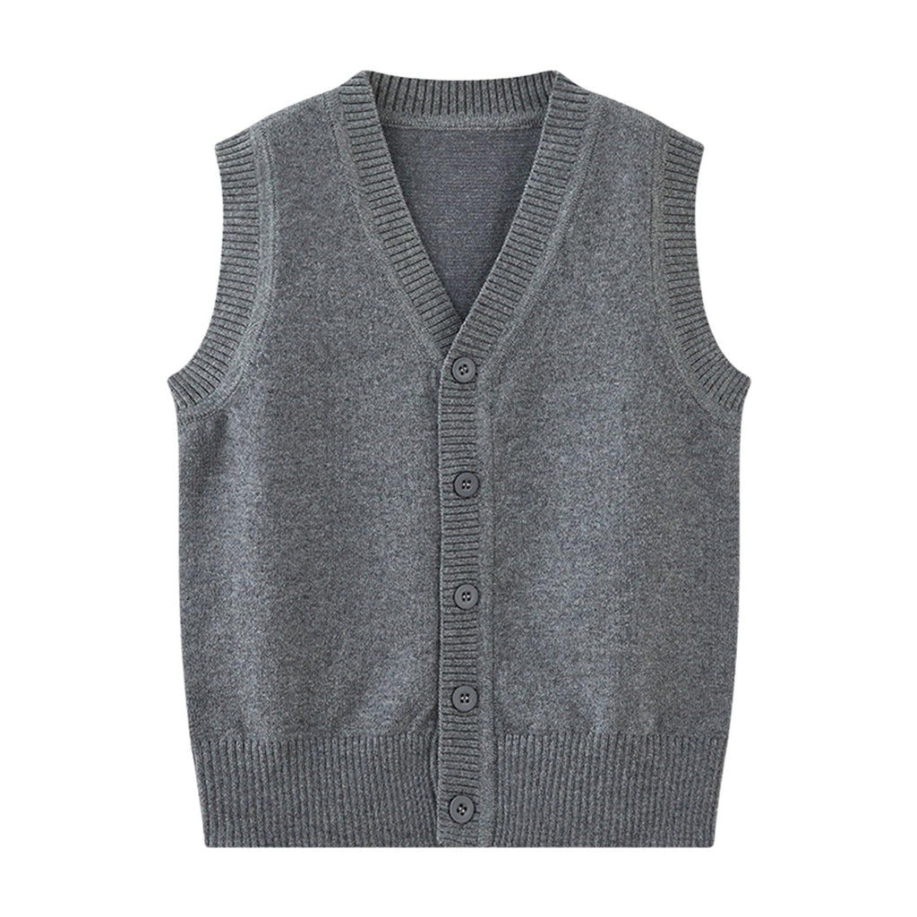 Knit Vest Boys Girls Button‐Up School Uniform Sleeveless Sweater Grey