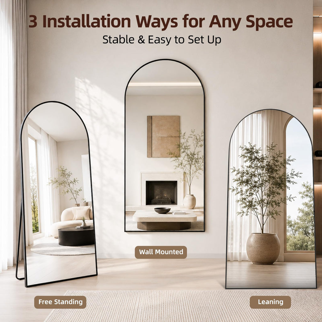 76" x 34" Arched Full Length Mirror with Stand, Black Floor Mirror