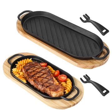 Cast Iron Skillet Set, 2 PCS Fajita Plate Sizzling Pan Cast Iron Plates with Wooden Base Removable Handle, Steak Pan