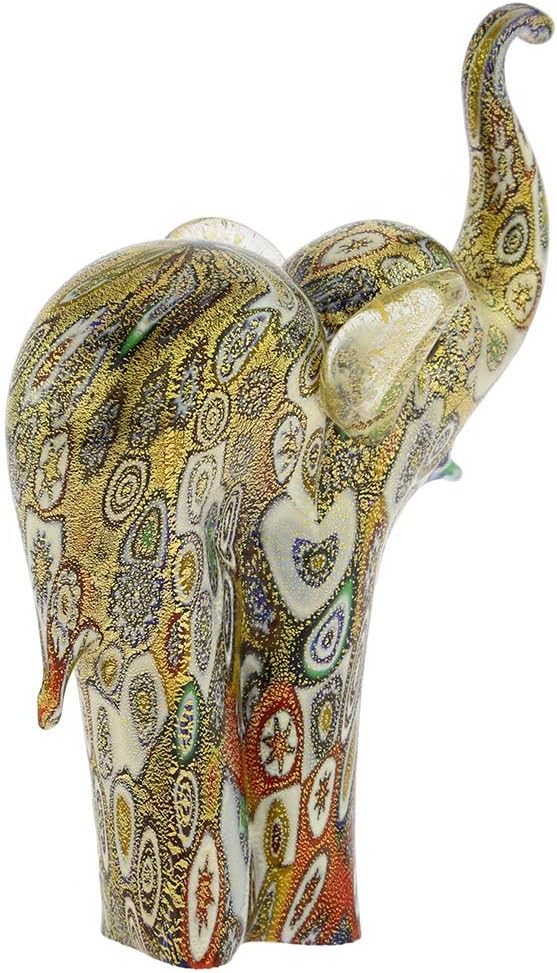 Elephant Collectible Millefiori Figurine Statue 4-1/2" Multicolor. in Italy Statue Blown Glass with 24K Gold Elephant