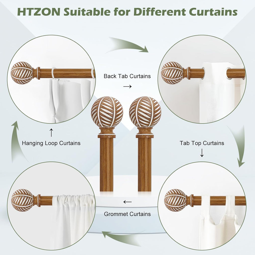 Wood Boho Curtain Rods for Windows:Wooden Farmhouse Decorative Curtain Rod for Bedroom Living Room,Heavy Duty