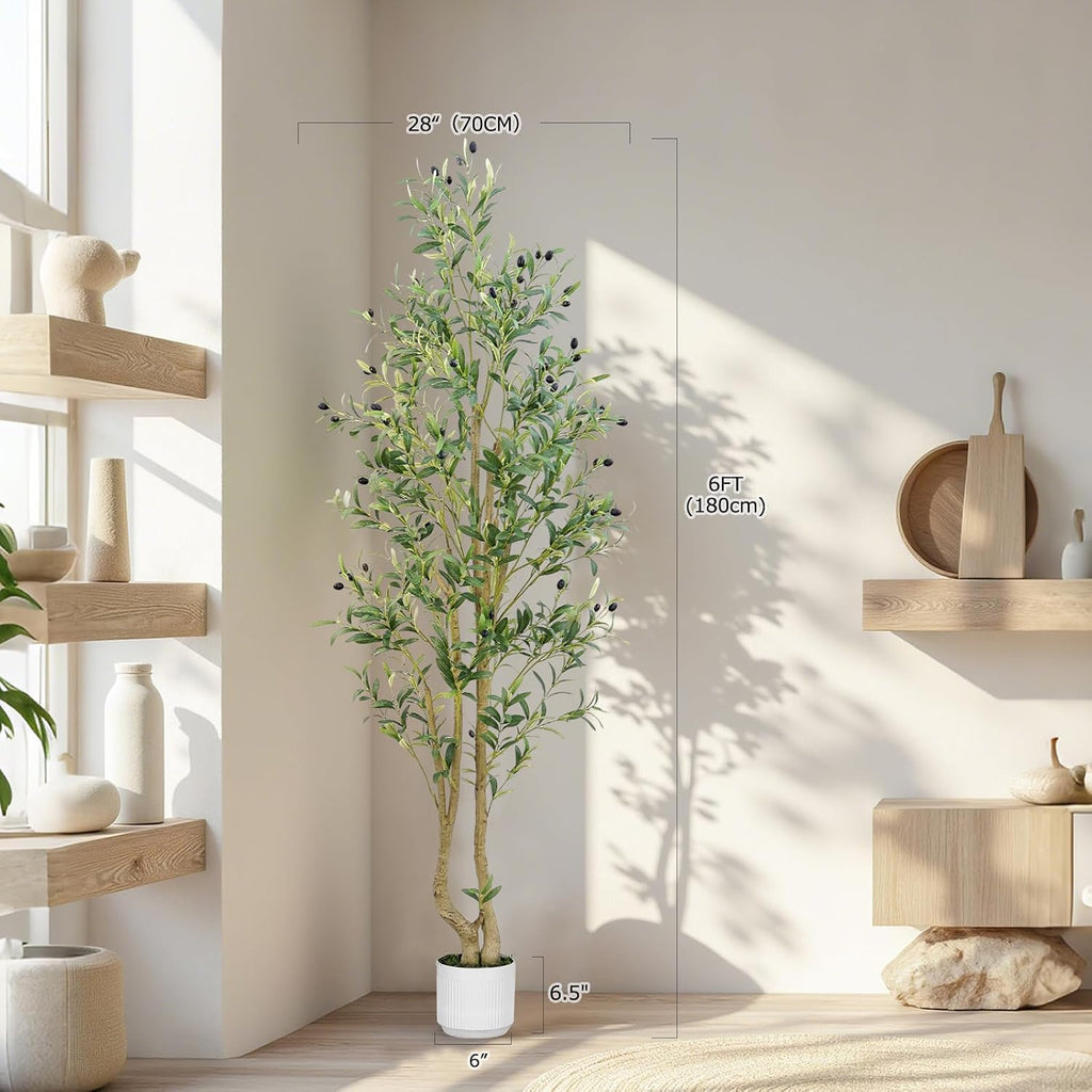 6ft Artificial Olive Tree Indoor, Fake Olive Tree with White Pot, Faux Olive Tree with Dense Leaves & Realistic