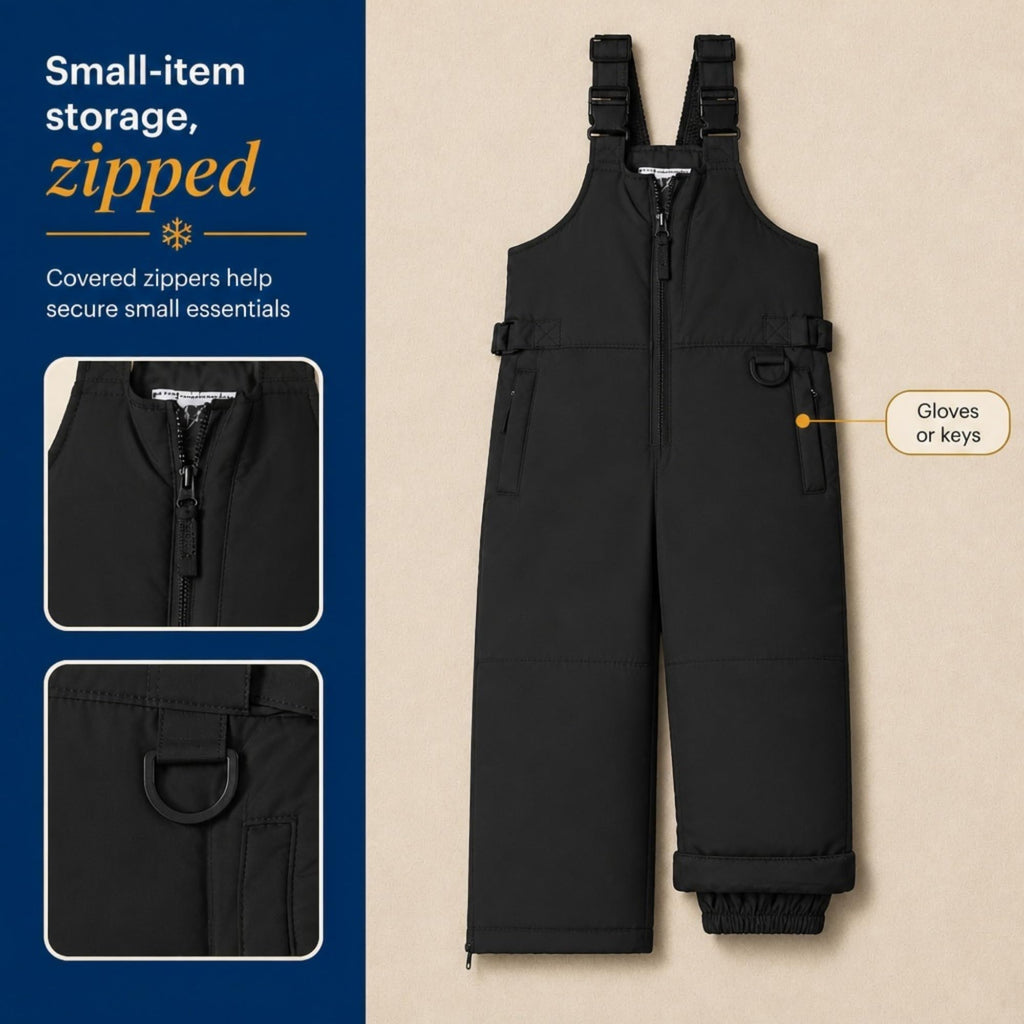 Boys and Girls Insulated Waterproof Snow Bib Kids Overalls, True Black