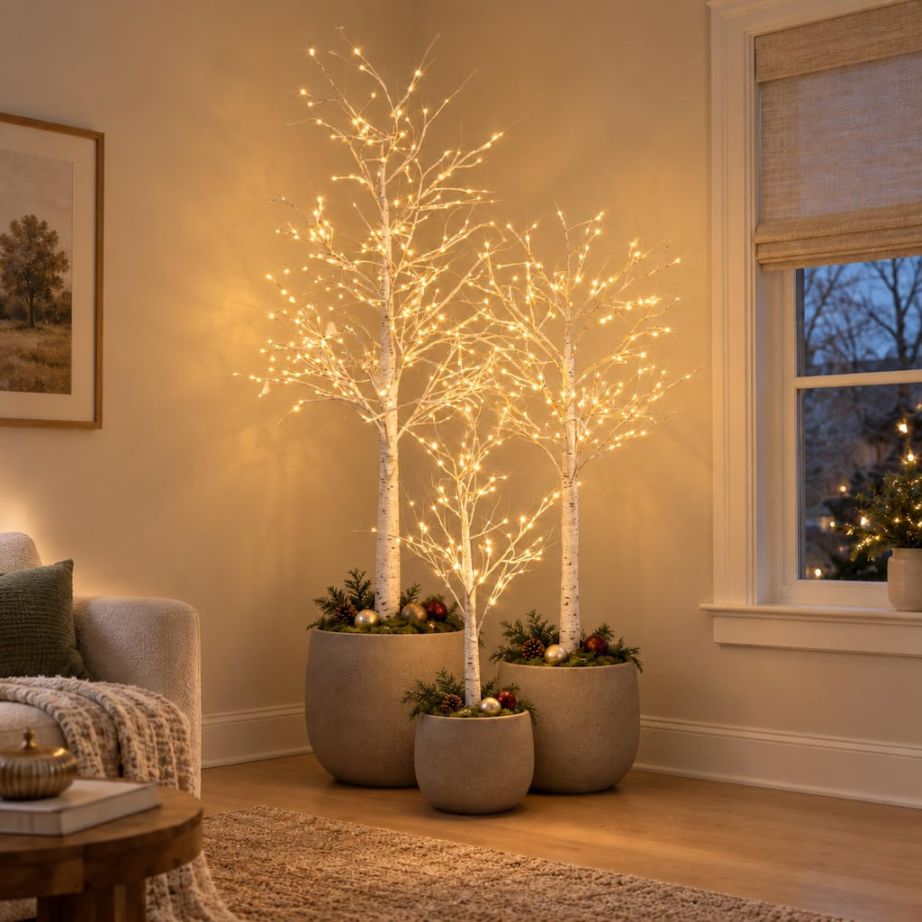 Lighted Birch Tree Set of 3, 464 LEDs Warm White Christmas Tree 4 FT 6 FT 8 FT with Timer, 8 Modes & 4 Brightness
