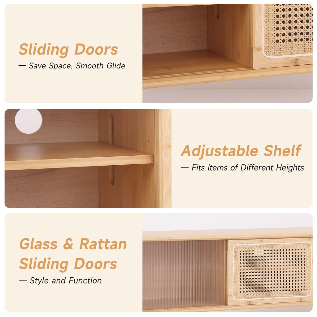 Rattan TV Stand for 55 Inch TV, Bamboo Cabinet with Storage, Wood