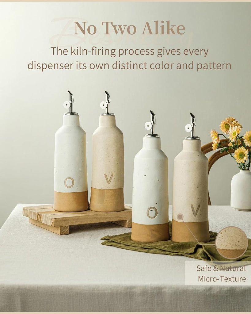 18oz Olive Oil Dispenser Bottle, Ceramic Oil and Vinegar Dispenser Set with Automatic Stainless Steel Pourer