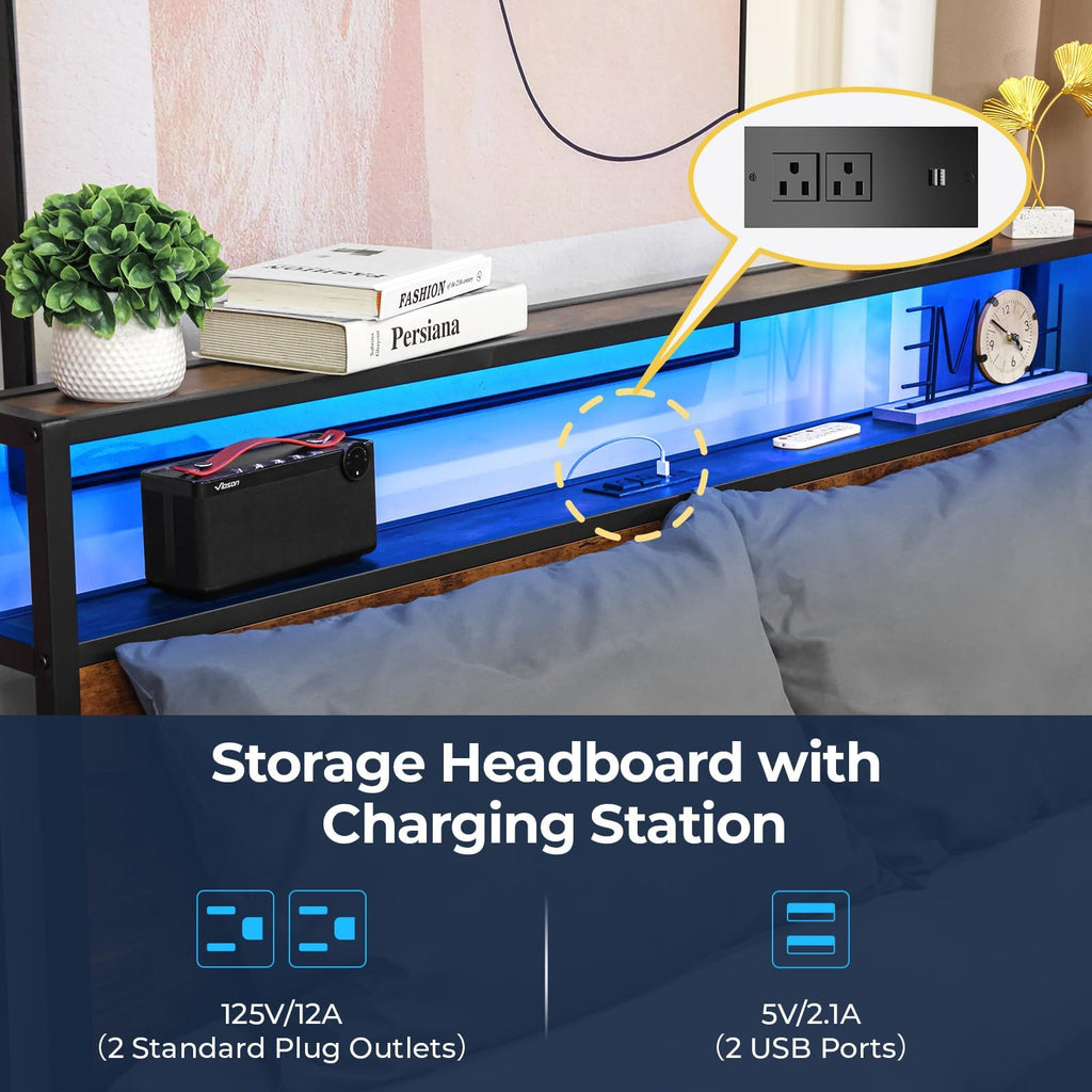 Bed Frame with 2-Tier Storage Headboard, Sturdy Metal Platform Bed Frame with Charging Station & LED