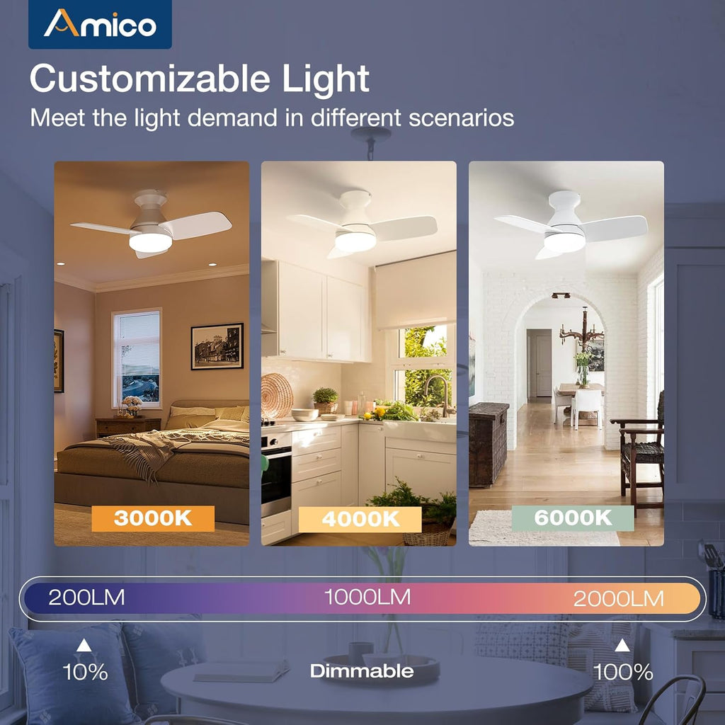 Ceiling Fans with Lights, 30 inch Low Profile Ceiling Fan with Light and Remote Control, Flush Mount, Reversible, 3CCT, Dimmable, Noiseless, White Ceiling Fan for Bedroom, Indoor/Outdoor Use A102-B0C61KD6TL