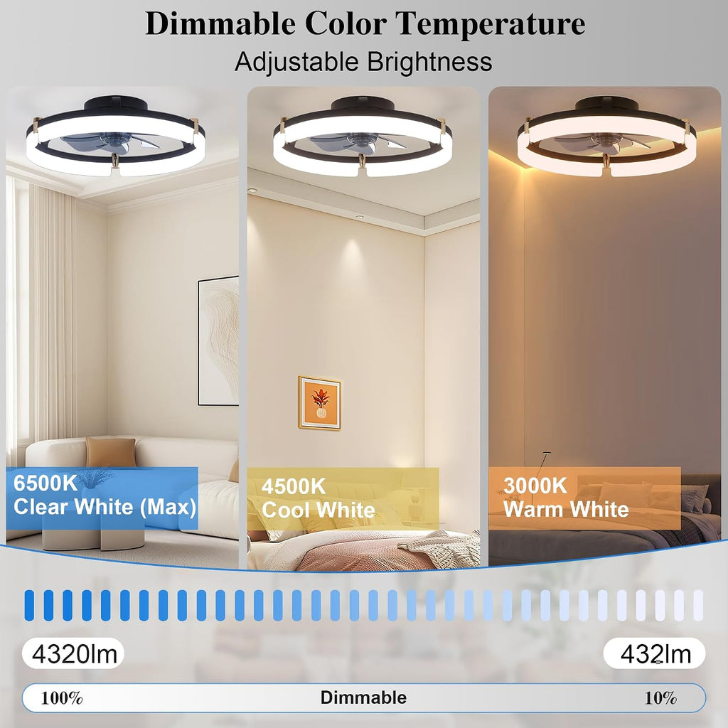 Smart Ceiling Fans with Lights Remote - 20'' WiFi Alexa Flush Mount Low Profile Modern Ceiling Fans - Stepless Color