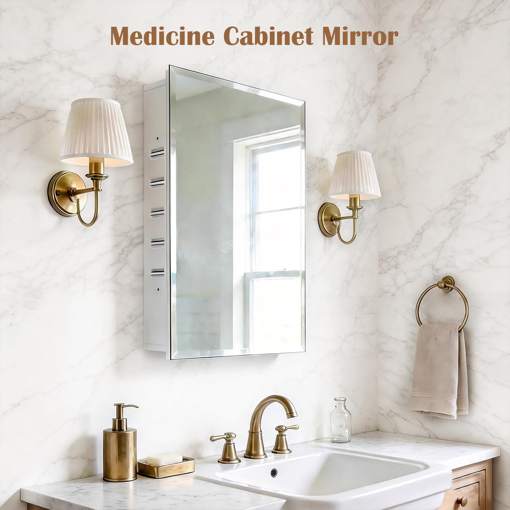 16x20'' Bathroom Medicine Cabinet Mirror with Storage, Surface Mount or Recessed Medicine Cabinet with 3-Tiered