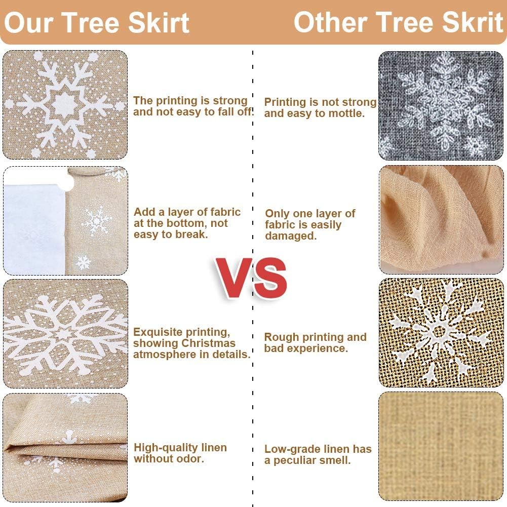 48inch Christmas Tree Skirt with White Snowflake, Burlap Tree Skirt with Fur Sides Farmhouse Christmas Tree Skirts