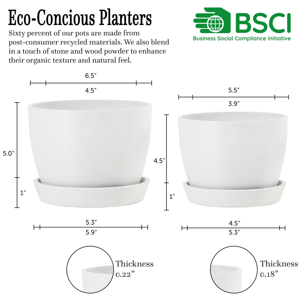 Set of 2 Minimalist Plant Pots (6.5" & 5.5") - Modern Indoor Planters with Drainage & Saucers & Plugs - Durable