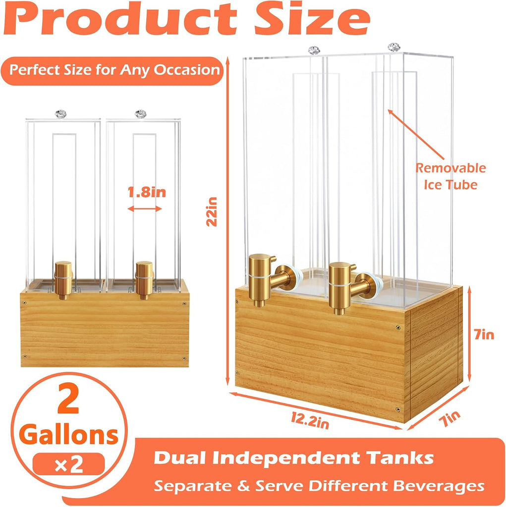 Gallon Drink Dispenser, Beverage Dispenser with Wood Stand, Large Drink Dispenser for Parties - Set of 2