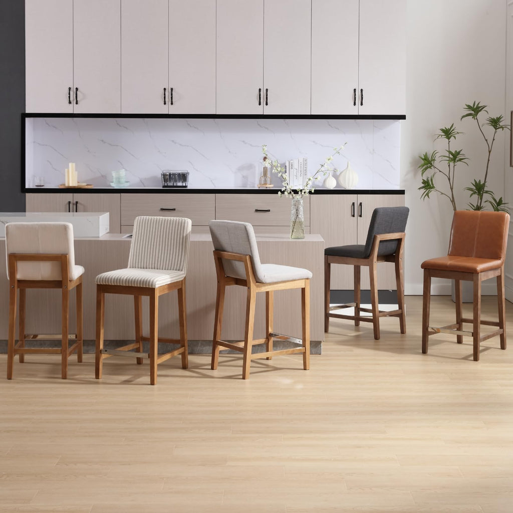 Counter Height Bar Stools Set of 6 Faux Leather Upholstered Kitchen Island Stools with Back and Distressed Wood Legs